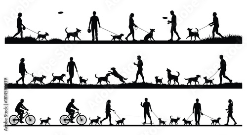 People walking and playing with dogs silhouettes set, men and women outdoors with pets, vector illustration of dog owners isolated on a white background