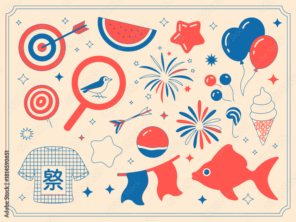 Naklejka premium Colorful Japanese Festival Elements Illustration – Fireworks, Goldfish, Watermelon, Balloons & Summer Matsuri Icons.
