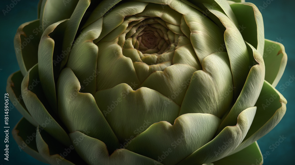 Fototapeta premium close-up shot of a whole artichoke with layered petals, matte green texture, soft dramatic light