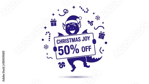 Festive Offer: A cheerful cartoon elf, adorned with a Santa hat, gleefully announces a Christmas Joy 50% Off sale, promising seasonal savings and delight.