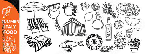 Summer Italy food print, hand drawn travel Mediterranean icon set Italian vintage vacation emblem. Traditional cuisine elements, Amalfi lemon silhouette wine glass bottle. Italy summer coastal  set 