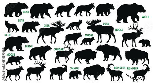 Wild animals silhouettes collection, including bear, wolf, moose, bison, deer, cougar, and reindeer, vector illustration set of large mammals on a white background