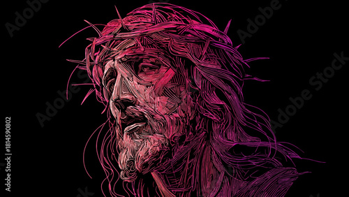 Illustration Portrait of Jesus Christ wearing a crown of thorns with rendered in shades of pink and magenta against a stark black background
