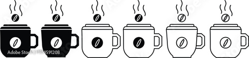 Set of Six Hot Coffee Mugs Vector Icons Outline and Filled Style with Bean and Steam Symbols