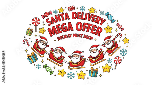 Santa's Mega Offer: A festive illustration of Santa Claus on his sleigh promoting holiday offers with gift and candy!