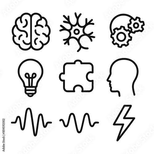 Mind Elements Icons. Brain activity concept linear icon set: brain outline, neuron, light bulb, gears, human head, puzzle piece, wave line, lightning bolt