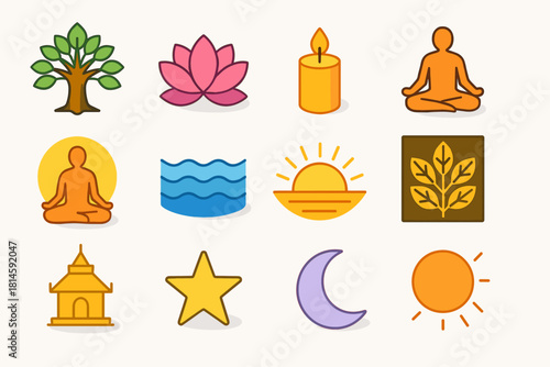 Sacred Stillness Icons. Sacred Stillness flat icon set: Bodhi tree, lotus, candle, meditating silhouette, golden aura, calm water, sunrise glow, leaf pattern, temple outline, star