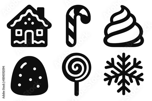 Gingerbread Village Icons. Gingerbread Village silhouette icon set : cookie house, candy cane, frosting swirl, gumdrop, lollipop, snowflake