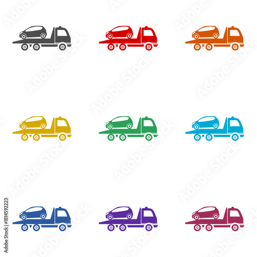Roadside assistance car towing truck icon isolated on white background. Set icons colorful