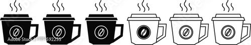 Set of Six Takeaway Coffee Cups Vector Icons Monochrome Outline and Filled Style with Steam
