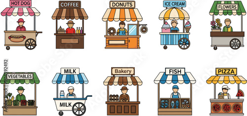 Set of Ten Colorful Street Food and Market Stall Kiosk Icons Vector Illustration