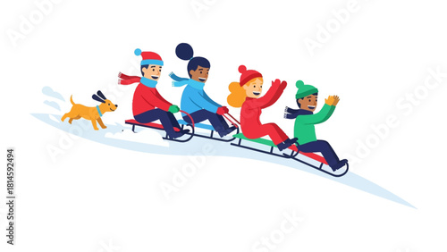 Joyful Descent: A vibrant illustration captures the pure joy of childhood as a group of kids, each donned in winter attire, gleefully ride a sled down a snowy slope.