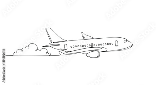 Outline drawing of a passenger airplane in flight with a smoke trail.
