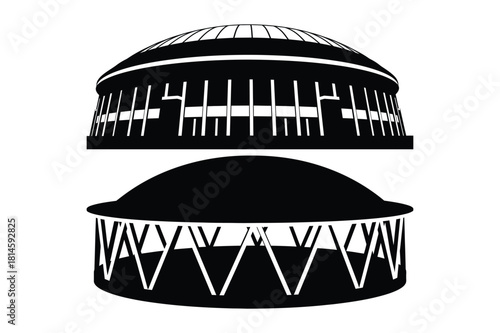 Two stylized silhouettes of circular stadiums or arenas