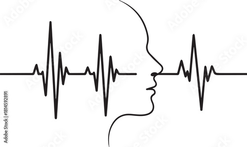 Human profile silhouette merged with heartbeat ekg line