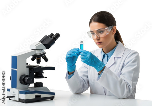 Scientist with microscope and vial isolated on transparent background