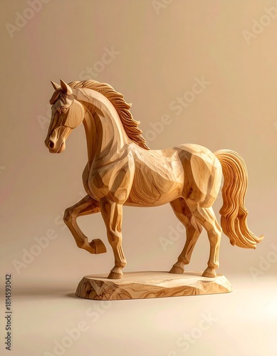 Wooden Horse Sculpture on Beige Background