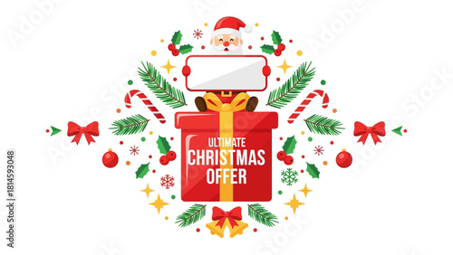 Ultimate Christmas Offer: A festive graphic design, showcasing a central gift box, embraced by charming Christmas ornaments. A joyous santa figure holds a sign advertising a special offer.
