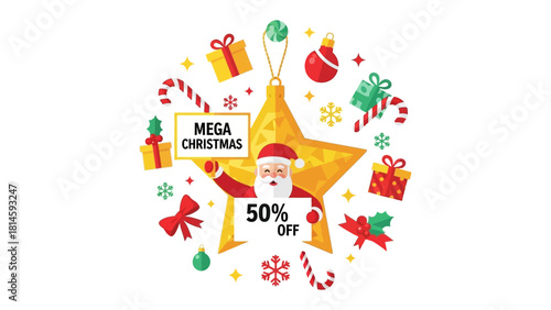 Mega Christmas Sale: A festive holiday illustration presents Santa Claus, surrounded by cheerful Christmas decorations, holding a sign offering 50% off