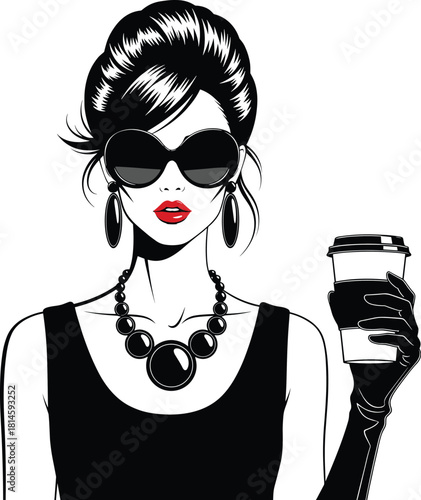 Black and White Fashionable Woman with Sunglasses Holding Takeaway Coffee Cup Vector Illustration