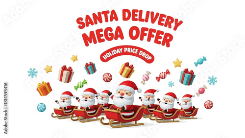 Santa Delivery Mega Offer: A festive graphic advertising a holiday mega offer, showcasing multiple Santa Claus figures in their sleighs.