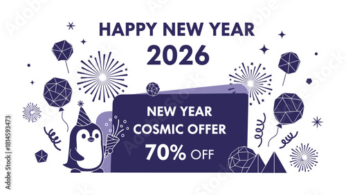 Happy New Year 2026 Celebration: A captivating visual announcement that embodies the joyous spirit of a fresh beginning, with an adorable penguin mascot and fireworks.