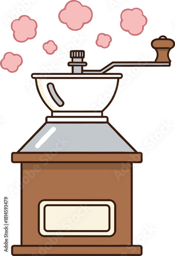 Classic Hand Coffee Grinder Vector Illustration Freshly Ground Aroma and Steam Graphic