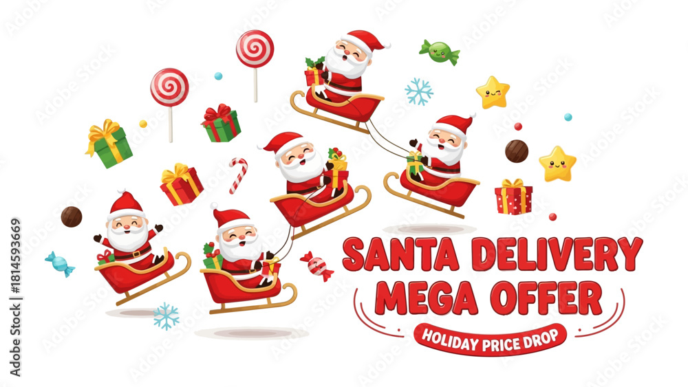 Fototapeta premium Santa's Delivery Bonanza: Witness Santa and his team of reindeer soaring through the festive sky, bringing gifts and joy in a flurry of holiday cheer.