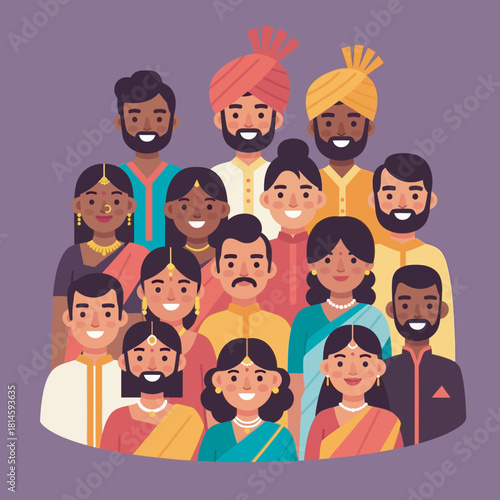 A diverse group of Indian people in traditional clothing smiling together as a community.