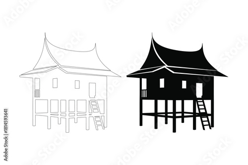 Traditional southeast asian stilt house outline and silhouette
