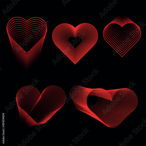 Five geometric heart designs in red line art explore depth, symmetry, and transformation on black.