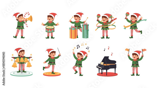 Musical Elves Ensemble: A charming ensemble of festive elves joyfully playing a variety of musical instruments, evoking a sense of celebration and seasonal cheer. 