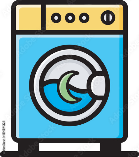 A colorful cartoon vector icon of a blue front-loading washing machine with a yellow control panel.