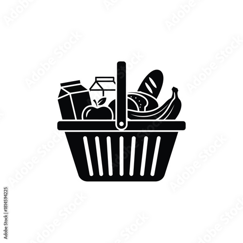 Black and white icon of a grocery shopping basket full of food