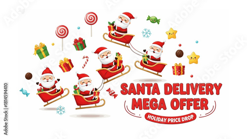 Santa's Christmas Delivery: An eye-catching illustration showing a merry Santa Claus, steering his sleigh and offering a festive delivery service for a holiday price drop.