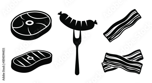 Black and white illustration of steak sausage bacon and other meats