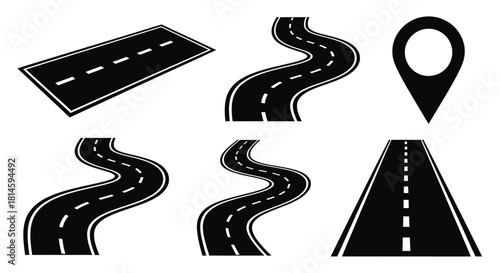 Black and white icons depicting different types of roads and a location pin