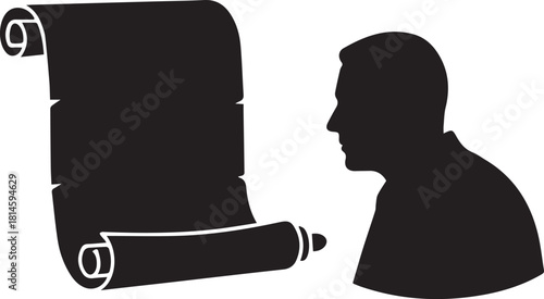 Silhouette of a man looking at an unrolled scroll