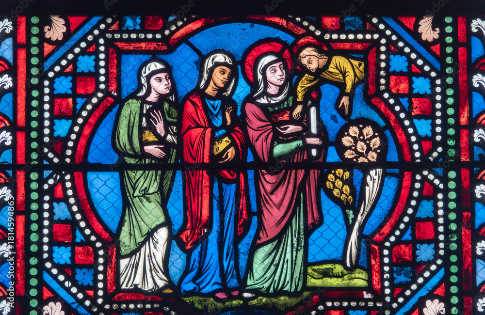 Naklejka premium Stained glass (19th century) of Women at the tomb after Jesus' Resurrection.