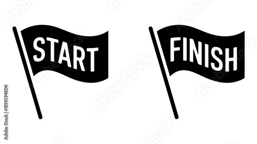 Start and finish line flags in black, representing the beginning and end of a race, project, or journey, isolated on white background.