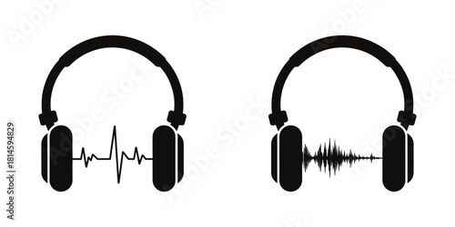 Headphones with varying sound waves illustration, concept of audio playback, digital music, communication technology, and listening experience