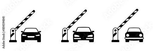 Car approaching an open barrier gate icon set. simple black vector illustrations for parking, toll, and access control systems graphics.