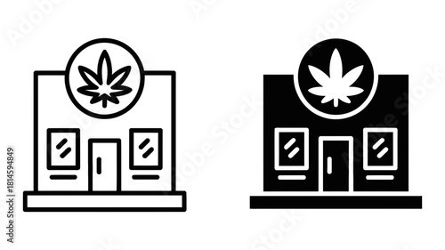 Cannabis dispensary storefront icon set illustrating a modern cannabis retail business, a marijuana shop, and a cbd store outline glyph
