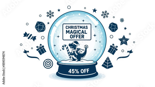 Christmas Magical Offer: An inviting illustration of a snow globe with seasonal decorations, promoting a special Christmas offer of 45% off, ideal for holiday sales and marketing.