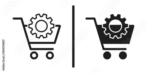 E-commerce shopping cart with gear symbol, illustrating online store settings, customization, efficient process configuration, and retail operations management.