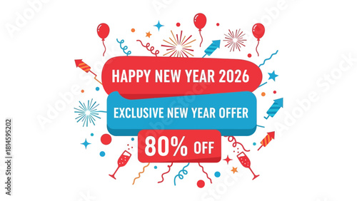 New Year Offer 2026: An eye-catching promotional graphic announces an exclusive New Year offer with a generous 80% discount. Featuring festive elements like fireworks, champagne glasses.