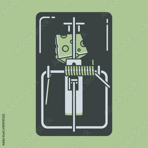 A top-down vector illustration of a classic mousetrap baited with a piece of Swiss cheese.