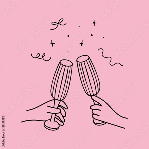 Clinking champagne glasses in hands with festive doodles. Hands raising glasses to toast. Vector outline illustration