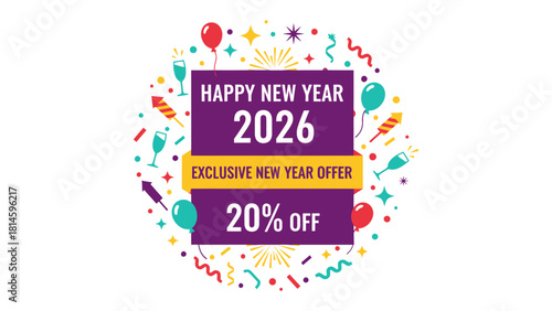 New Year Discounted Offer 2026: An elegant illustration showcasing a vibrant celebration of the incoming New Year, with festive icons and a prominent offer banner of 20% discount.