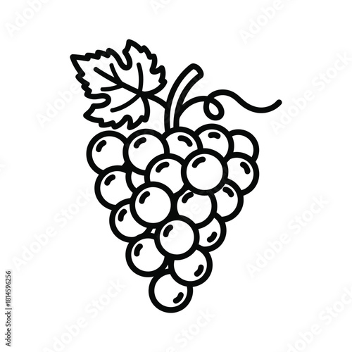 Simple black and white line art icon of a bunch of grapes with leaf